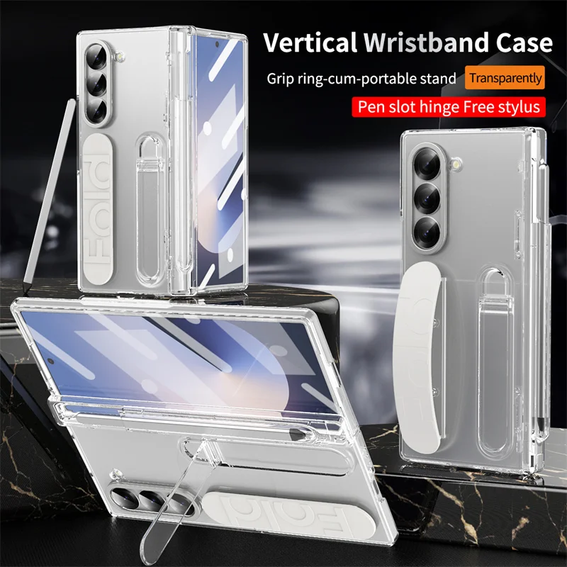 Screen Protectors - Samsung Galaxy Z Fold 7/6/5/4/3用 高級リストバンドホルダー付きヒンジ式スマホケース、ペン収納スロットとSペンスクリーンプロテクターフィルムカバー付き