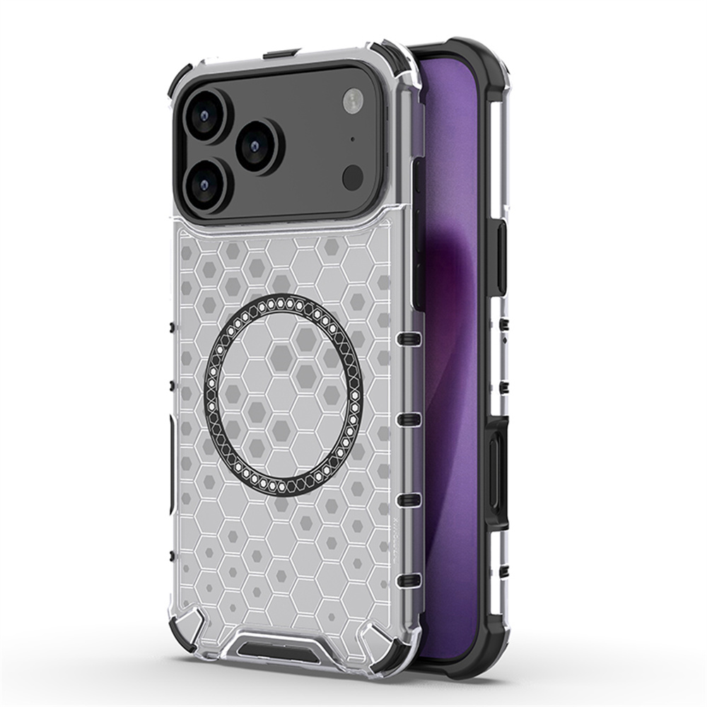 Clear Shockproof Bumper Case - iPhone 17、18、16、15、14、13、12、11 Pro Max、16E対応、高級感あふれる透明ハニカム構造の磁石内蔵ケース。耐衝撃性に優れたバンパーと保護カバー。