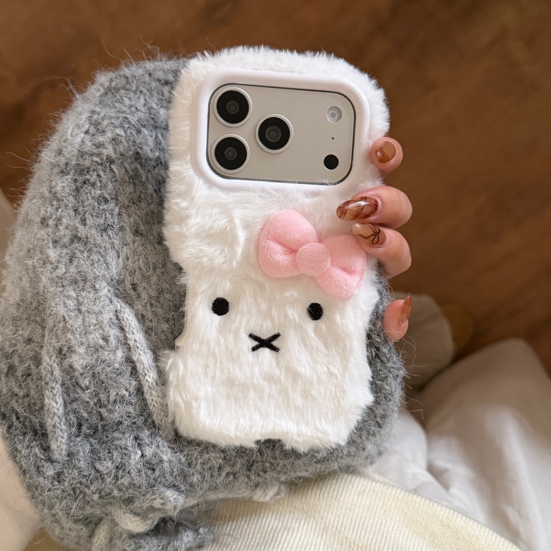かわいい漫画風白いふわふわのミッフィーのスマホケース iPh - Cute Cartoon Wrist Strap Silicone Case のレビューと価格