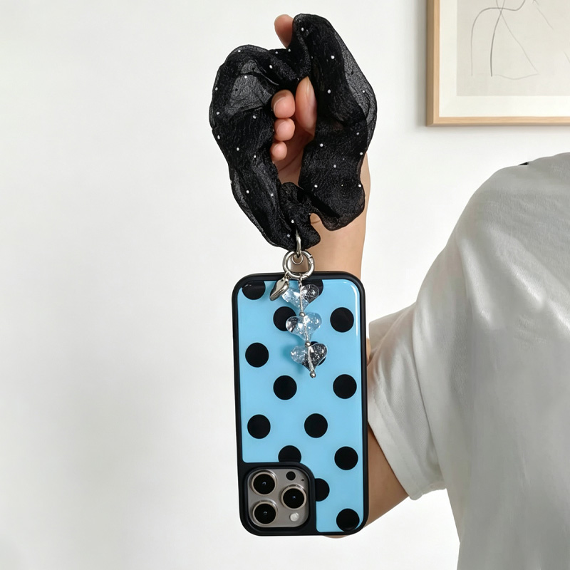 ブルーブラックポルカドット電話ケース、ブラックラインストーン - Clear Shockproof Bumper Case のレビューと価格
