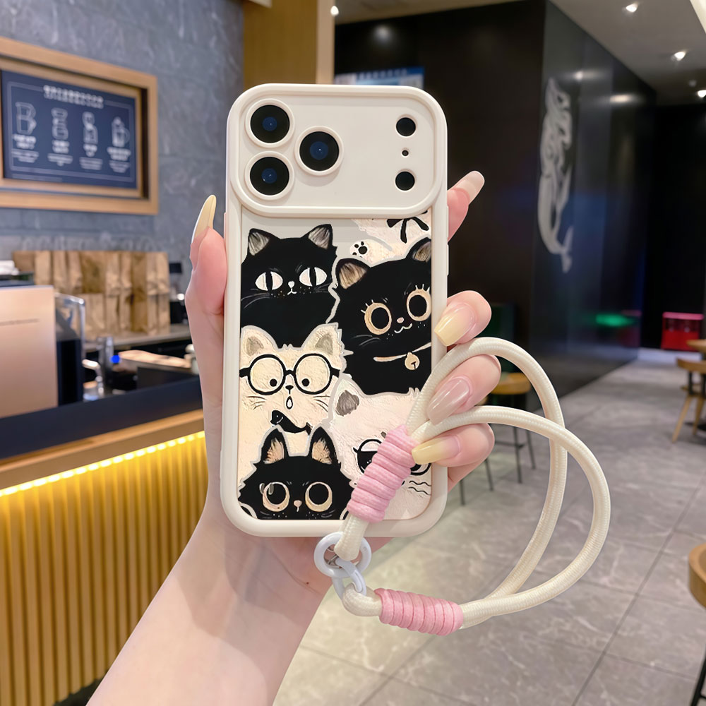 耐衝撃性のある可愛い漫画猫柄のスマホケース iPhone 1 - Cute Cartoon Wrist Strap Silicone Case のレビューと価格